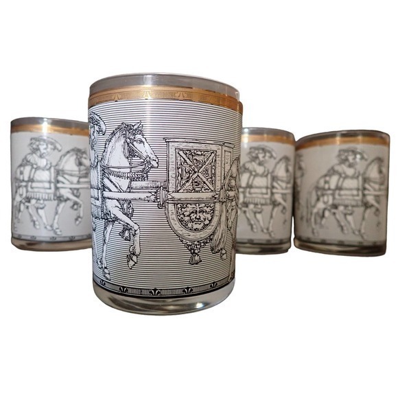 Vintage Cera 2 Camelot Gold Black White Knights and Horses Old Fashion Tumbler - Picture 8 of 9